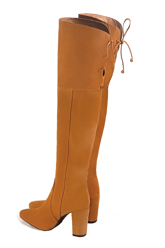 Camel beige women's leather thigh-high boots. Round toe. High block heels. Made to measure. Rear view - Florence KOOIJMAN